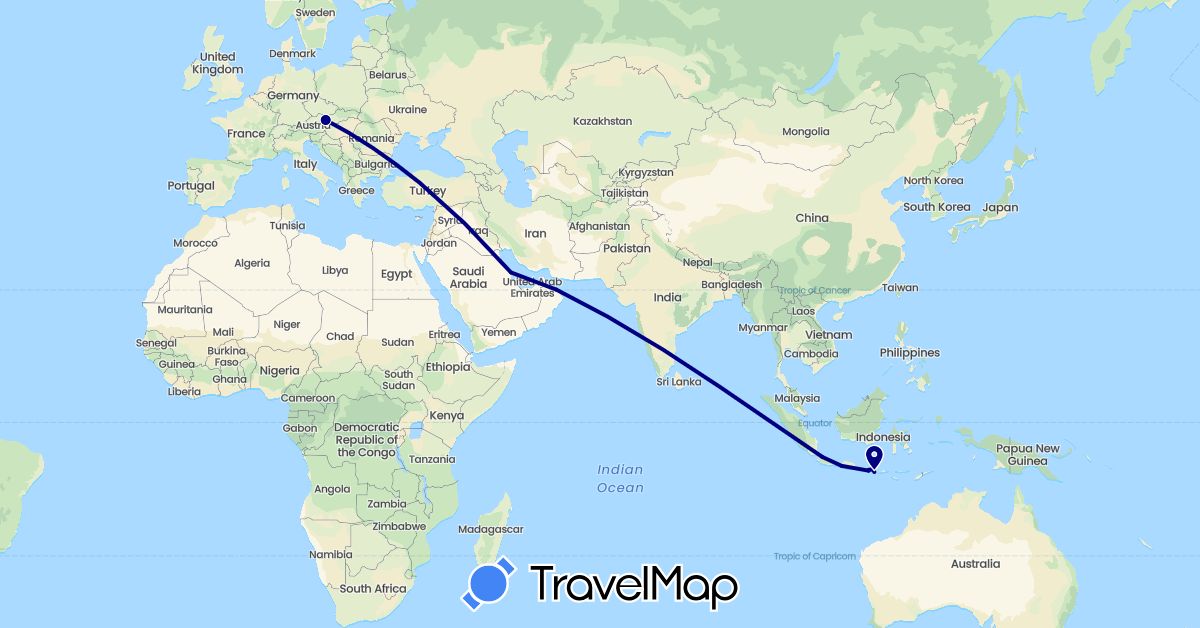 TravelMap itinerary: driving in Austria, Indonesia, Oman, Saudi Arabia (Asia, Europe)